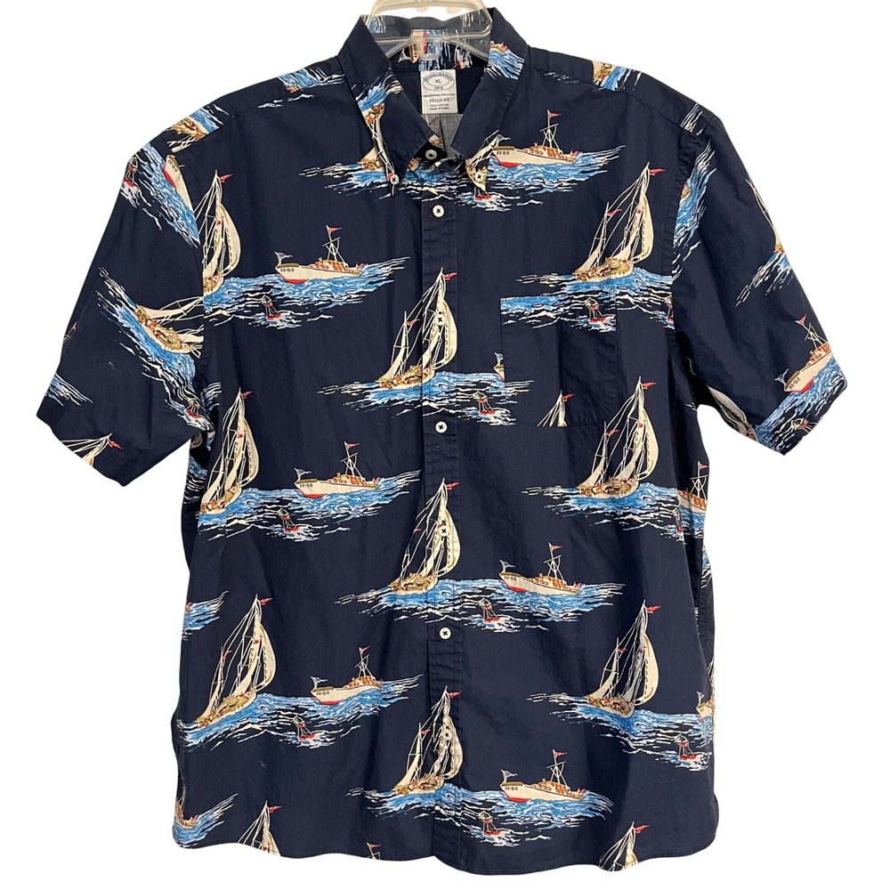 Brooks Brothers Shirt Short Sleeve Button Down Sailboat AOP Allover Print XL